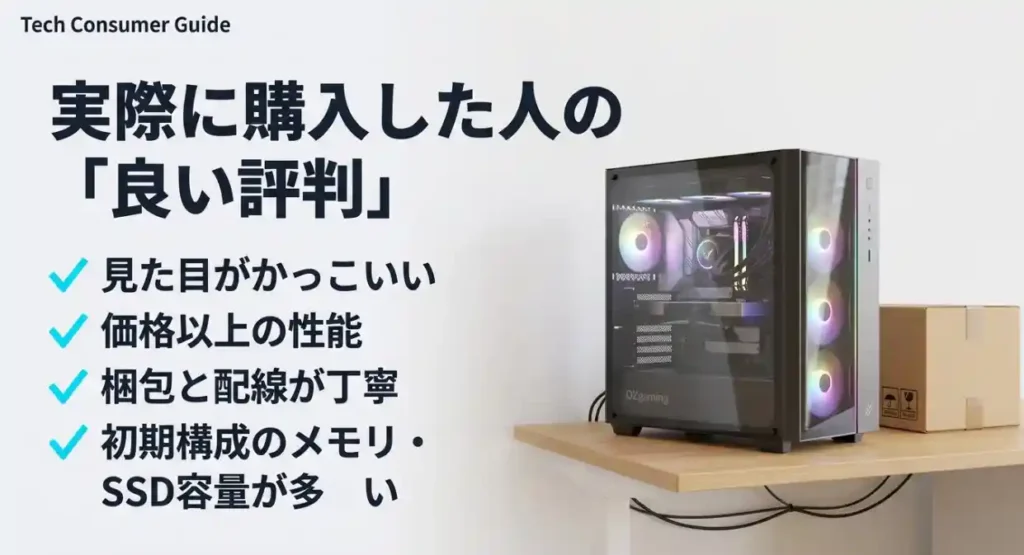 OZgamingの良い口コミ。見た目のかっこよさ、価格以上の性能、丁寧な梱包、初期構成の良さなど