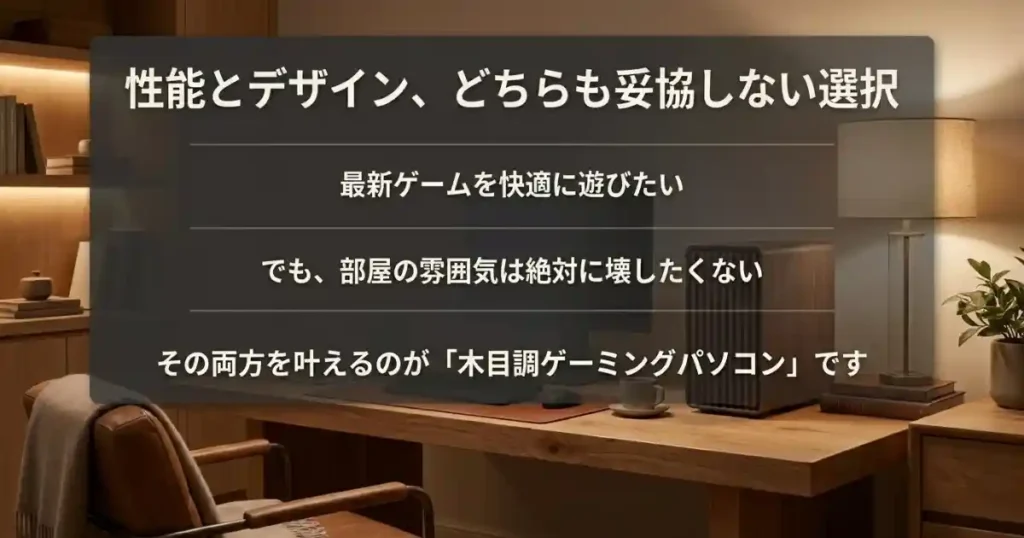 まとめ:木目ケースのゲーミングPCは「おしゃれ × 高性能」の最適解